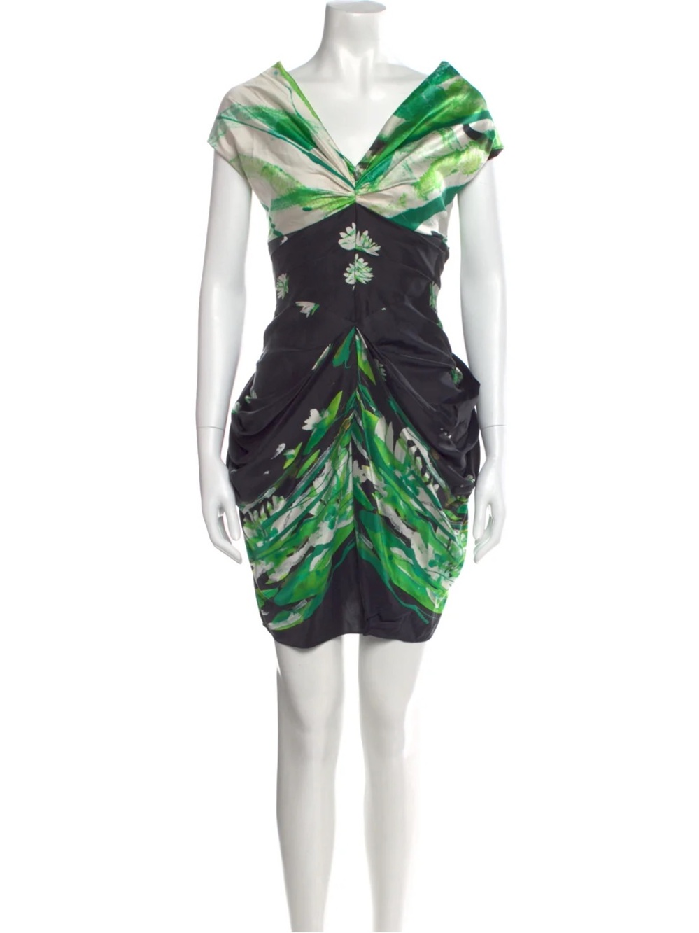 Zac Posen silk Black Floral Ruched V-Neck Dress